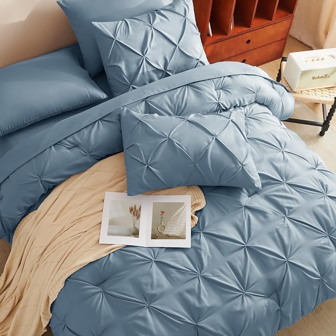 CozyLux California King Comforter Set Mineral Blue, 7 Pieces Cal King Pintuck - Image 4