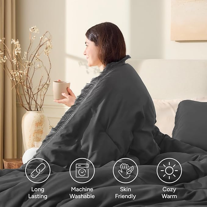 Andency Comforter Set Oversized King Dark Grey 120x120, 3 Pieces Boho Fall - Image 4