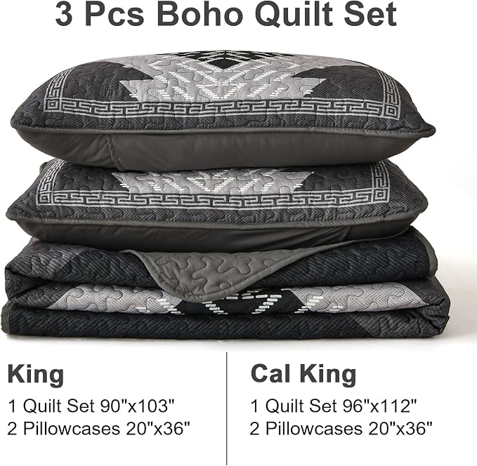 Dintszyayue Black Quilt Set Boho California King Size, 3 Piece Aztec Texture - Image 7