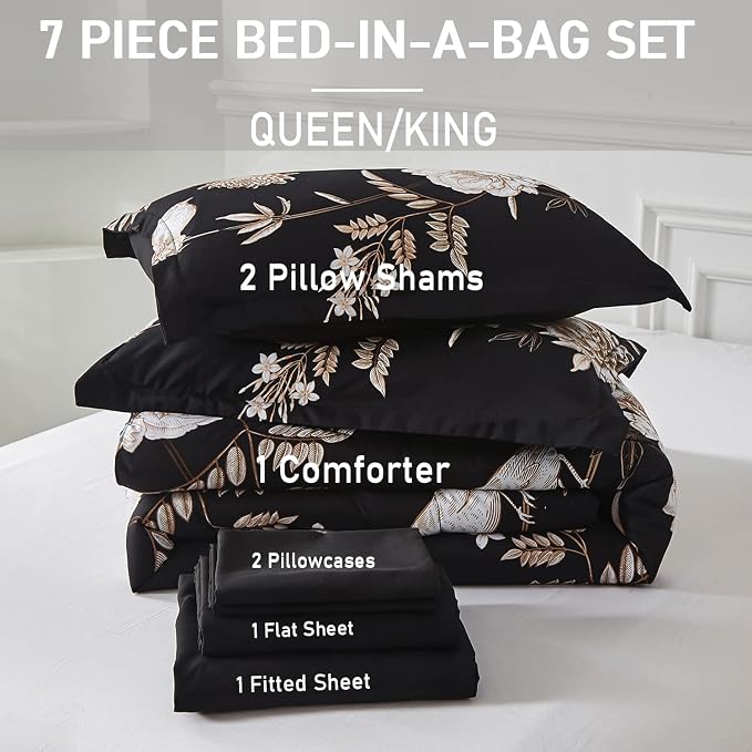 Yogeneg 7 Piece Bed in a Bag Kingsize Comforter Set Botanical Floral Bedding Set - Image 6
