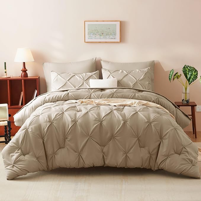 CozyLux King Size Comforter Set Taupe, 7 Pieces Pintuck Bed in A Bag Taupe - Image 7