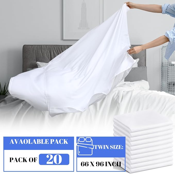 Preboun 20 Pcs White Flat Sheets Bulk Twin Size Soft Microfiber Top Flat - Image 2