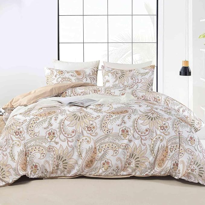 Nanko Paisley Comforter Set Queen Size 3 Pcs, Tan Taupe Classy Boho Damask by NANKO