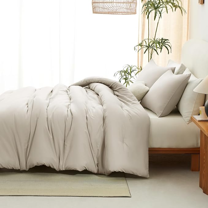 CozyLux California King Comforter Set Beige, 3 Pieces Cal King Solid Breathable - Image 6