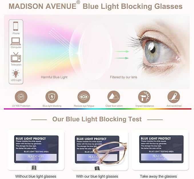 Madison Avenue Blue Light Blocking Glasses Anti Eyestrain UV Glare Blue Light - Image 4
