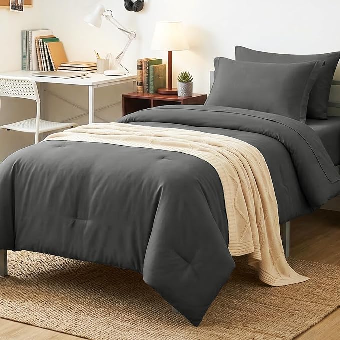 CozyLux Twin Comforter Set Dark Grey, 5 Pieces Bed in a Bag Twin Comforter Set by CozyLux