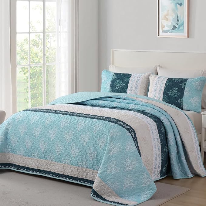 DJY Quilt Set Queen Size Light Blue Boho Striped Floral Bedspread Coverlet Set by HOME
