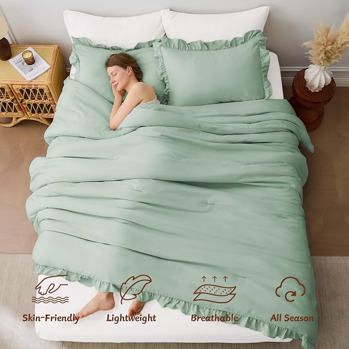 FUANNA Full Size Comforter Sets Sage Green, 3 Pieces Ruffle Full Size Bedding - Image 2
