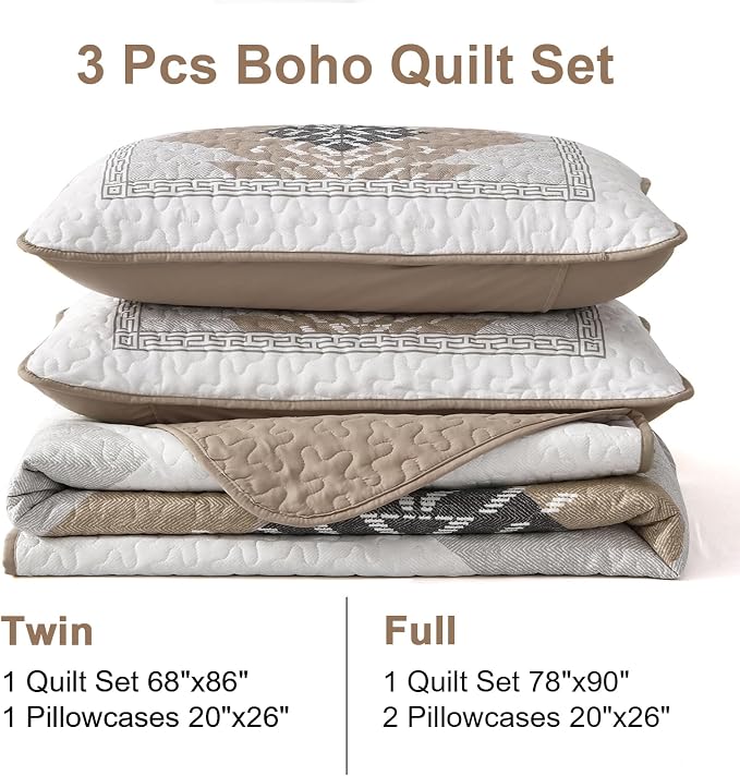 Dintszyayue Full Size Quilt Set Boho, 3 Piece Khaki Aztec Texture Bedspread - Image 7