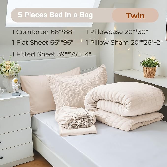 MUXHOMO 5 Pieces Twin Comforter Set, Seersucker Bed in a Bag Twin Size - Image 4