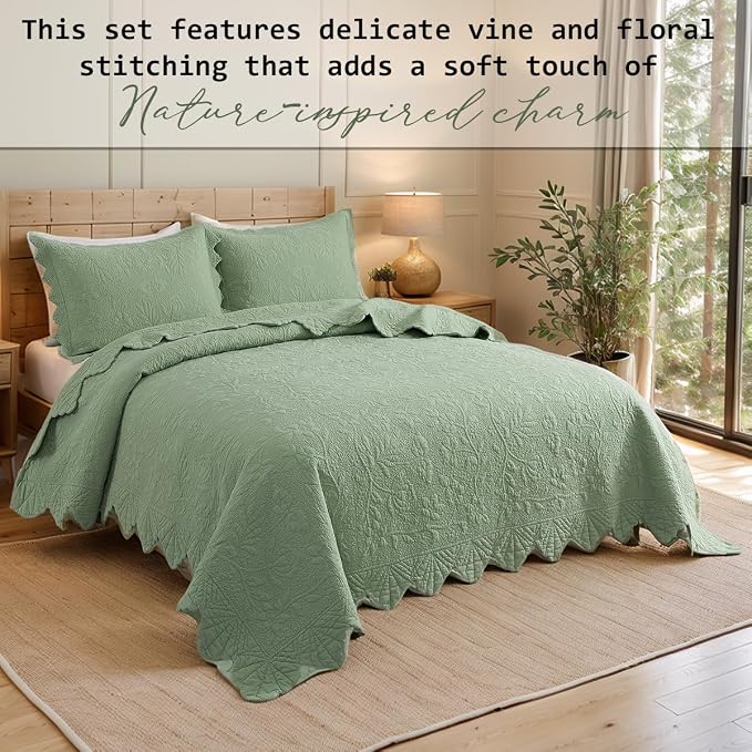 Brandream Luxury King Quilt Set Cotton Sage Green Floral Vine Stitching - Image 4