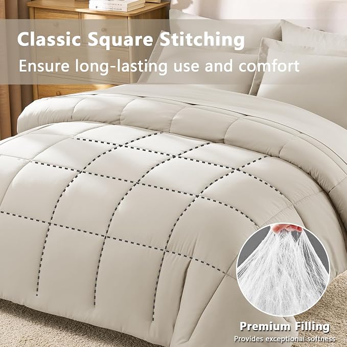 CozyLux Oversized Queen Comforter Sets Beige, 7 Pieces Bed in a Bag, 98x98 Box - Image 4