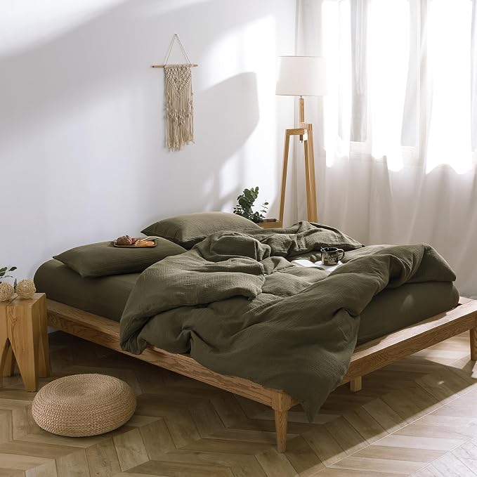 mixinni Olive Green Waffle Weave Duvet Cover Set Queen, 3-Piece 100% Natural - Image 4