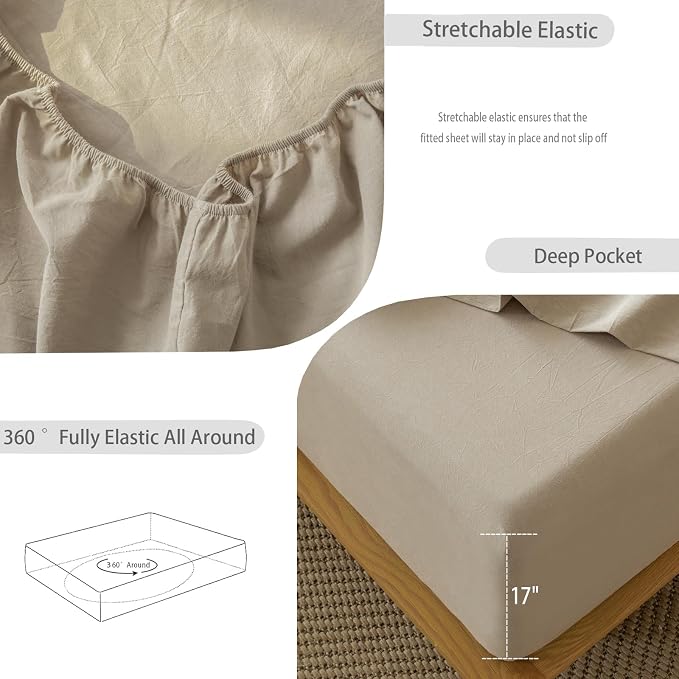 MooMee Fitted Bottom Sheet Only 100% Washed Cotton Linen Like Textured - Image 4