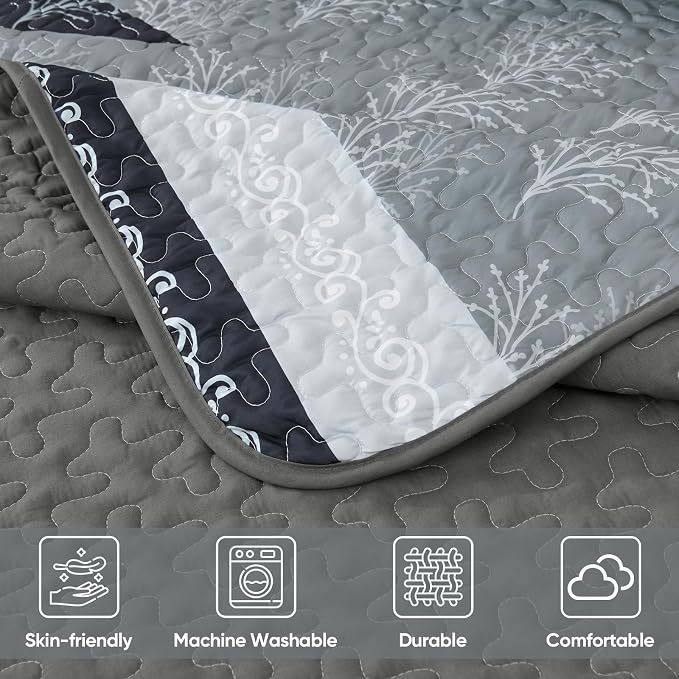 DJY Gray Quilt Set Queen Size Boho Striped Patchwork Bedspread Coverlet - Image 6