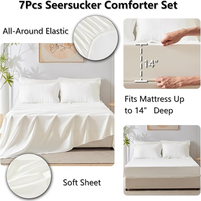 CozyLux Queen Comforter Set Ivory Seersucker 7 Pieces Bed in a Bag Queen - Image 5