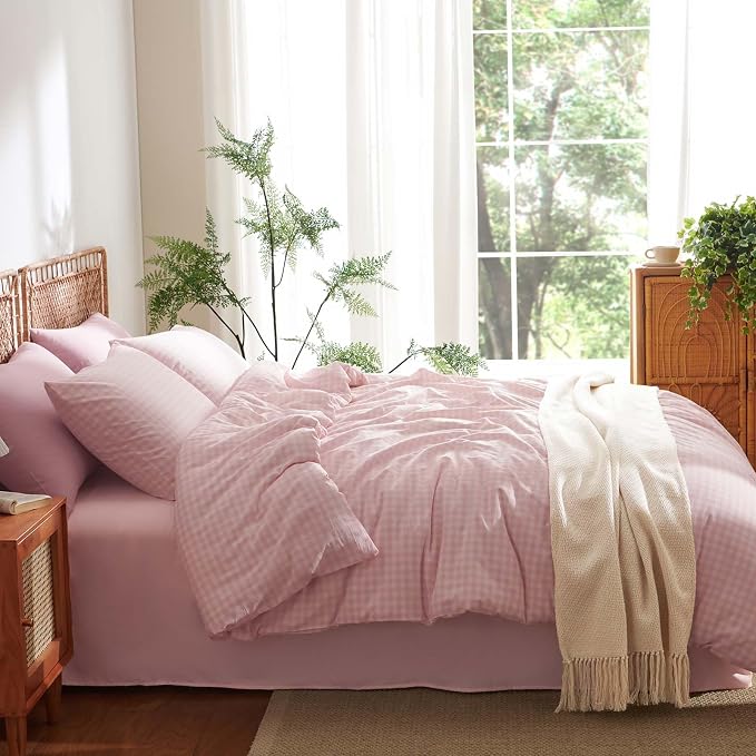 Nayoroom Gingham Duvet Cover Queen Size 100% Washed Cotton Pink Plaid Checkered - Image 4