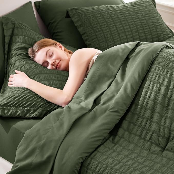 CozyLux King Size Comforter Set Olive Green Seersucker 7 Pieces Bed in a Bag - Image 5