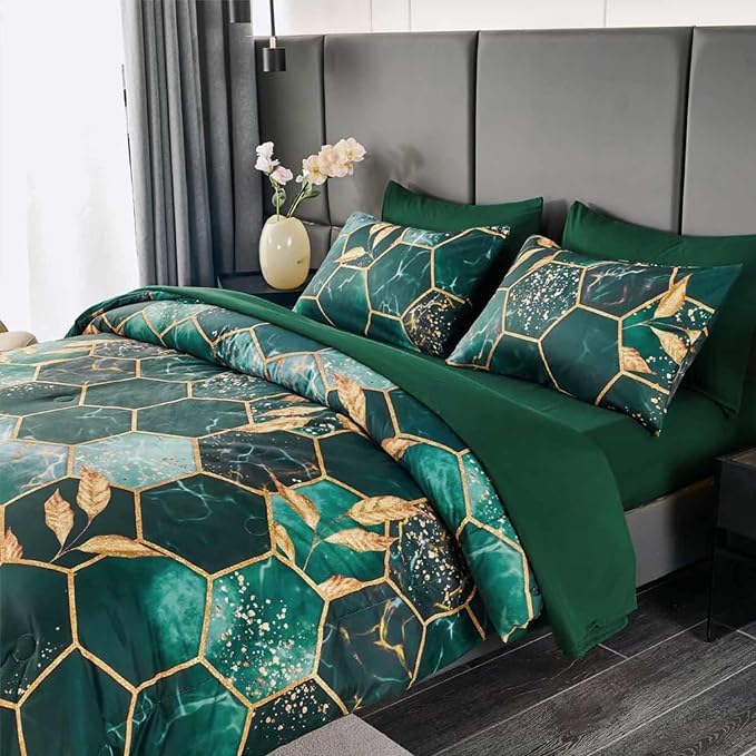 Nanko Emerald Dark Green Gold Printed Queen Size Comforter Set 3 Pcs - Image 2