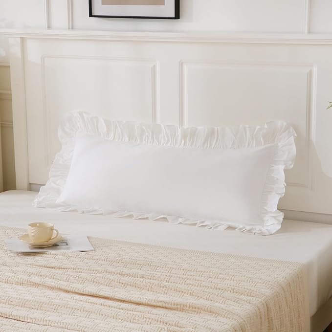 14x36 inches Off White Ruffled Lumbar Pillow Cover 1 Piece, Pure Washed Cotton - Image 3