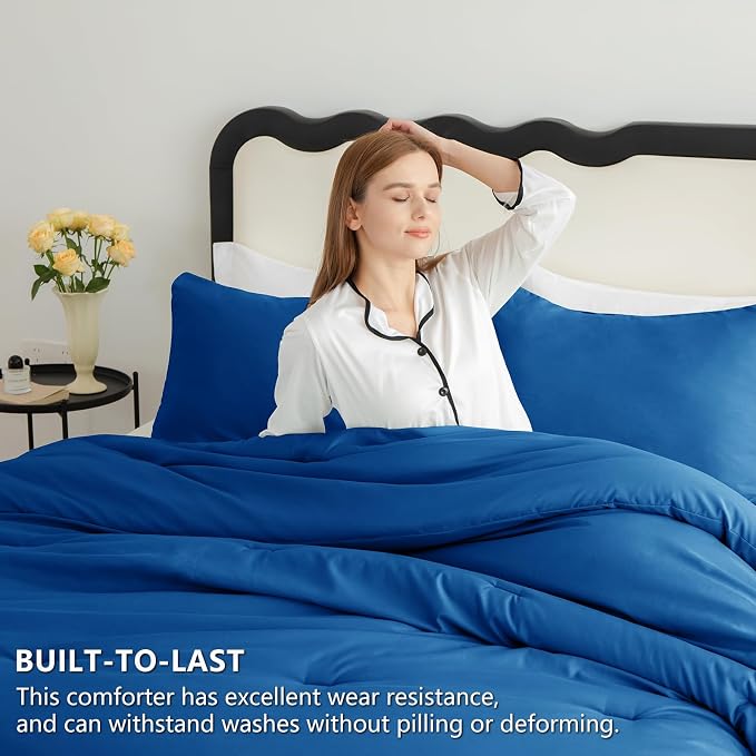 CozyLux Full Size Comforter Set Classic Blue, 3 Pieces Solid Breathable Quilted - Image 3