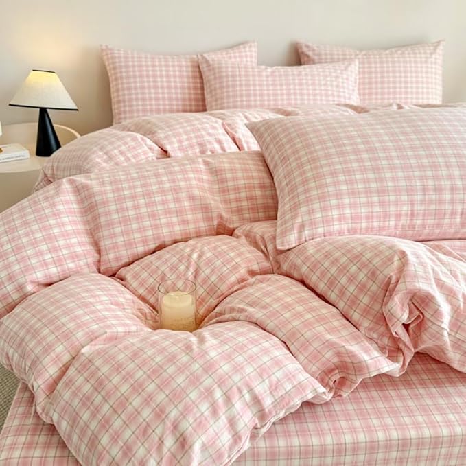 PinkMemory Pink Gingham Plaid Duvet Cover Set Queen 100% Washed Cotton Cute - Image 3
