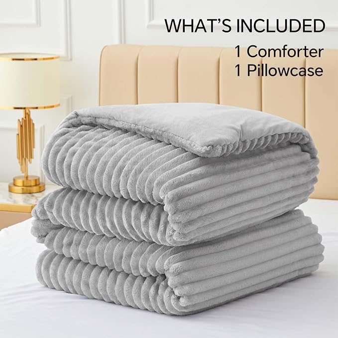 BEDELITE Fleece Twin Comforter Set -Super Soft & Warm Fluffy Light Grey Bedding - Image 6