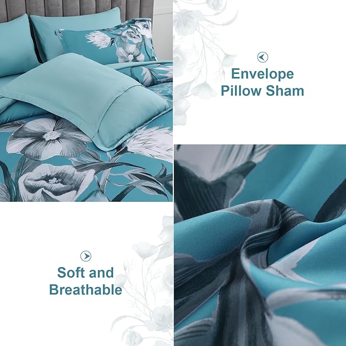 Luxudecor Floral Comforter Set Queen Size 7 Piece, Teal Blue Flower Bed in a Bag - Image 5
