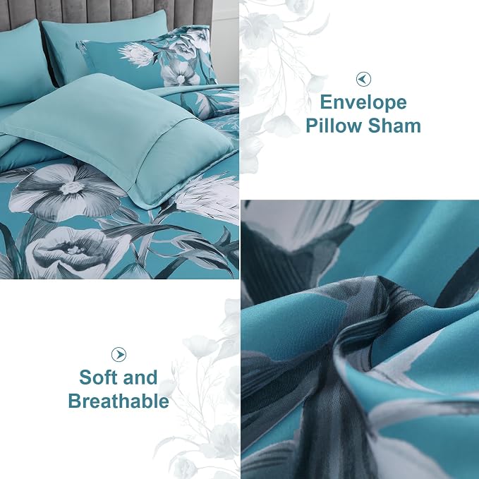 Luxudecor Floral Comforter Set King Size 7 Piece, Teal Blue Flower Bed in a Bag - Image 5