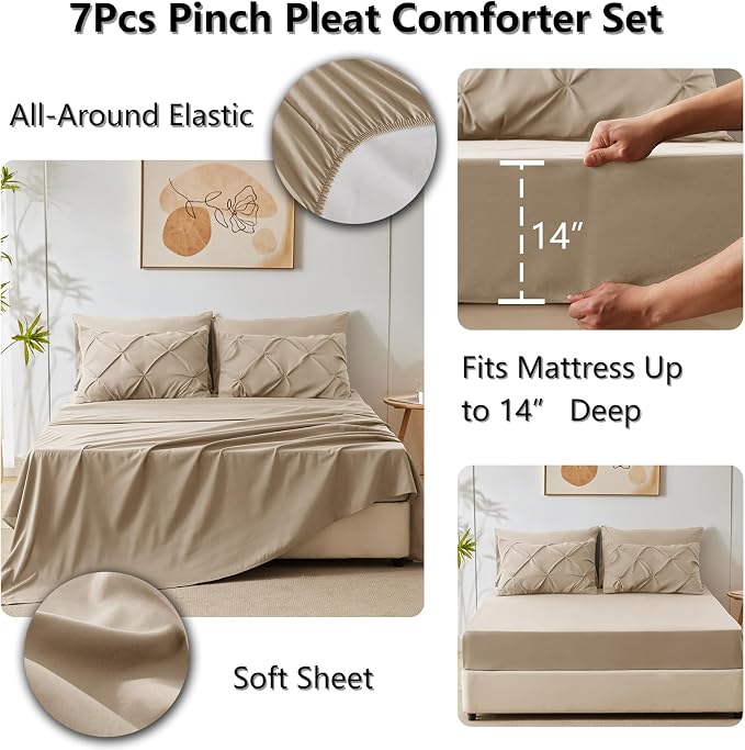CozyLux King Size Comforter Set Taupe, 7 Pieces Pintuck Bed in A Bag Taupe - Image 5