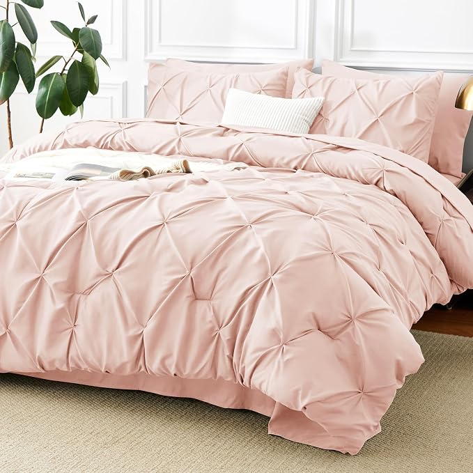 HIMEET Pintuck Bed in a Bag, 7 Pieces Queen Size Comforter Set Blush Pink - Image 9