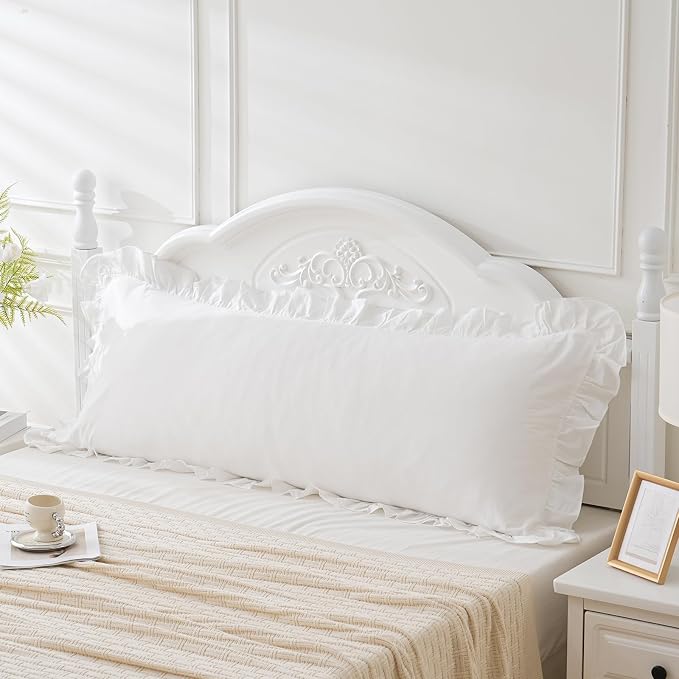 Off White Ruffled Body Pillow Cover 1 Piece Washed Cotton Farmhouse Shabby Long by Qilunn