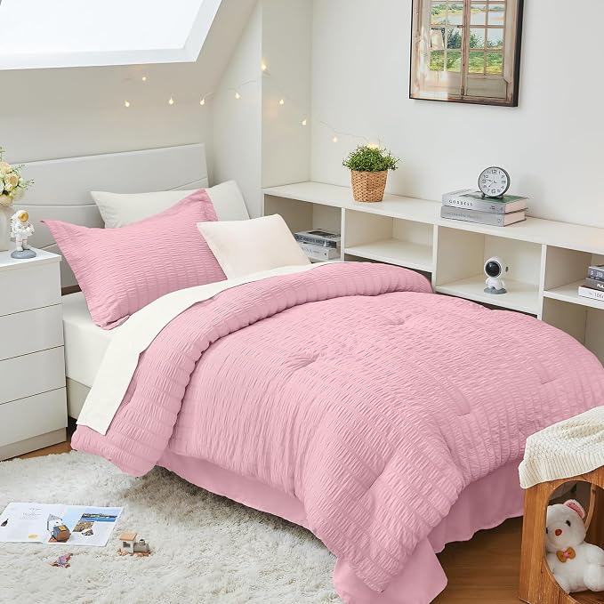 HYMOKEGE Pink/Ivory Twin XL Comforter Set Seersucker 5 Pieces, All Season by HYMOKEGE