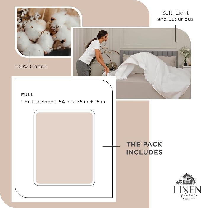 Linen Home 100% Cotton Percale Weave Fitted Sheet, Full Size, Sand Shell - Image 6