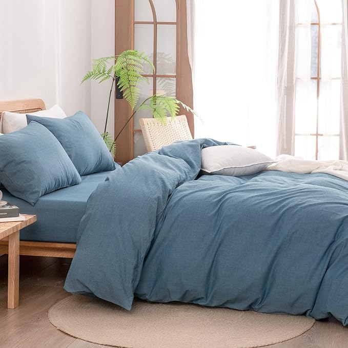 BESTOUCH Duvet Cover Set 100% Washed Cotton Linen Feel Super Soft Comfortable - Image 3