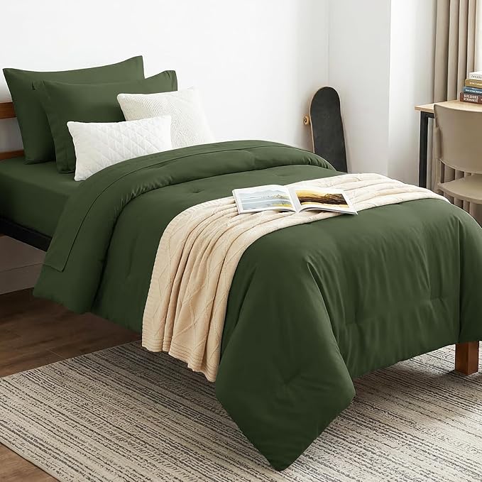 CozyLux Twin Comforter Set Olive Green, 5 Pieces Bed in a Bag Twin Comforter Set by CozyLux