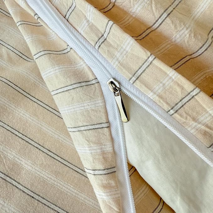 PinkMemory Beige Striped Duvet Cover Set King 100% Washed Cotton Beige Striped - Image 6