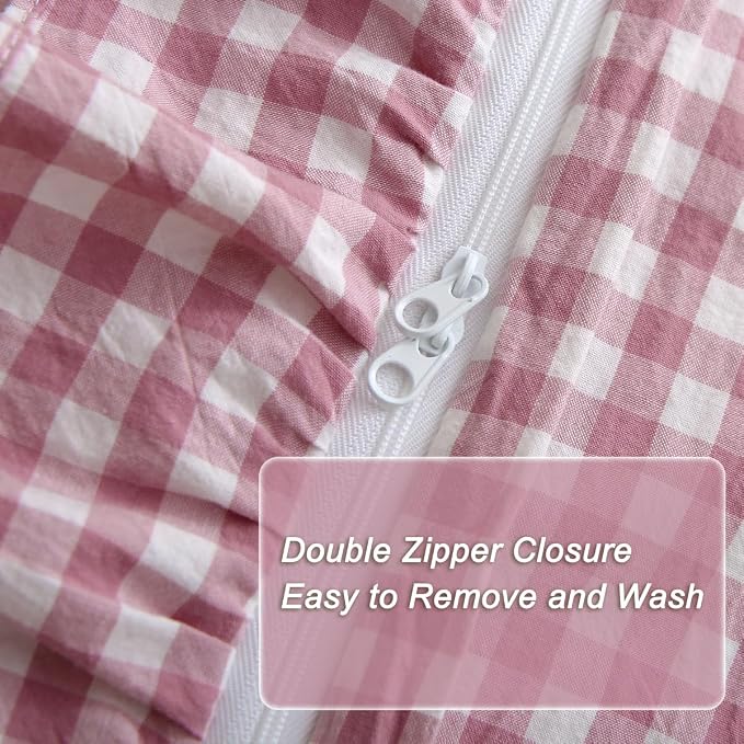 Silnuo Vintage Pink/White Plaid Ruffle 3-Piece Duvet Cover Set Twin Size - Image 4
