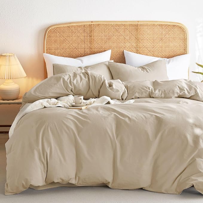 Wake In Cloud - Cotton Duvet Cover Set, Twin Size, Khaki Linen Color, 100% by WakeInCloud
