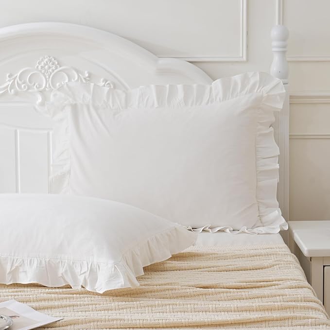 Shabby Off White Ruffle Pillow Shams Standard Size Set of 2, Washed Cotton - Image 2