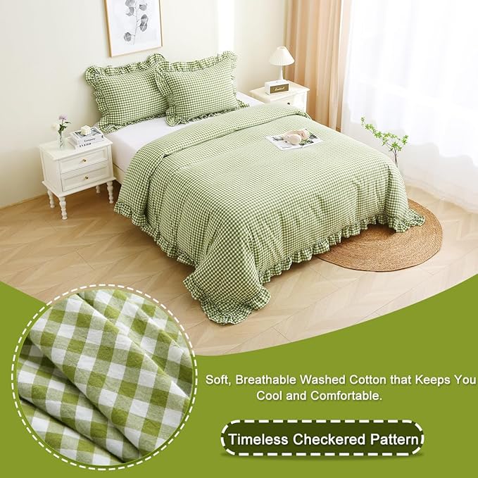 Silnuo Olive Green/White Checkered Ruffle 3-Piece Duvet Cover Set Twin Size - Image 3