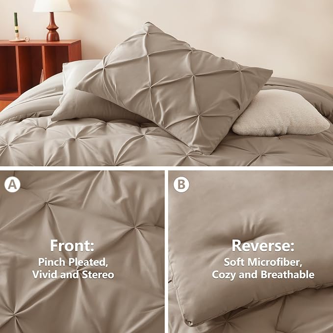 CozyLux King Size Comforter Set Khaki, 7 Pieces Pintuck Bed in A Bag Khaki - Image 3