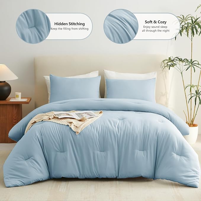 CozyLux King Size Comforter Set Light Blue, 3 Pieces Solid Comforters King Size - Image 2
