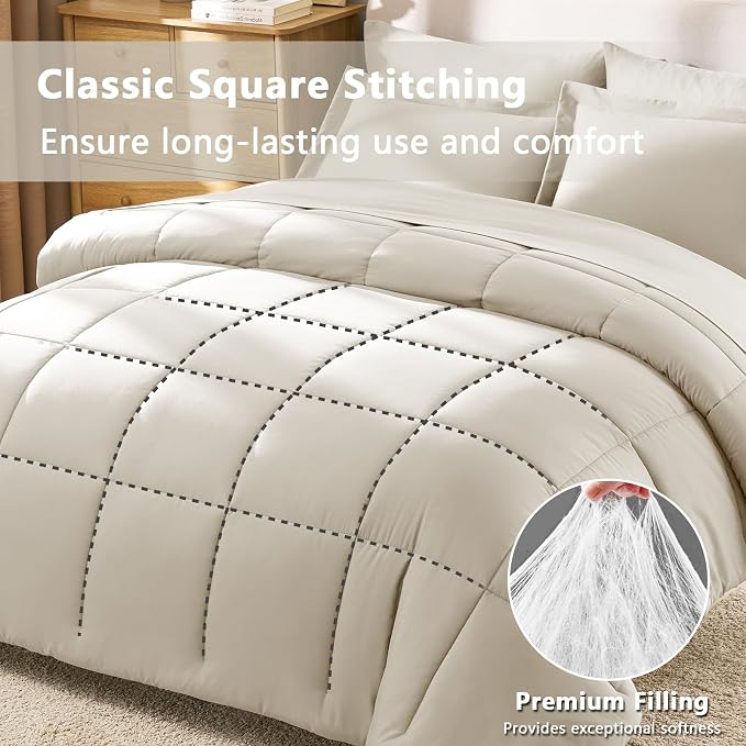 CozyLux Queen Comforter Set Oatmeal - Image 4