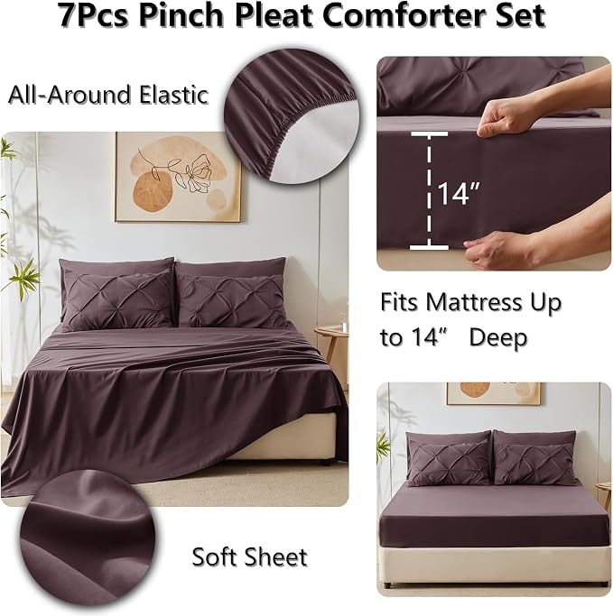 CozyLux King Size Comforter Set Cocoa Powder, 7 Pieces Pintuck Bed in A Bag - Image 5