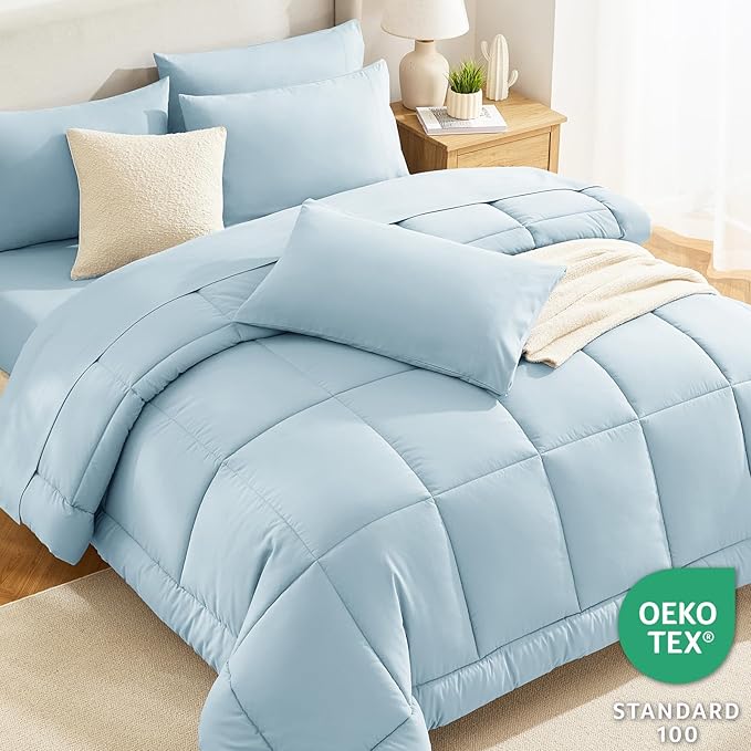 CozyLux Queen Comforter Set Light Blue, 7 Pieces Bed in a Bag, All Season - Image 3