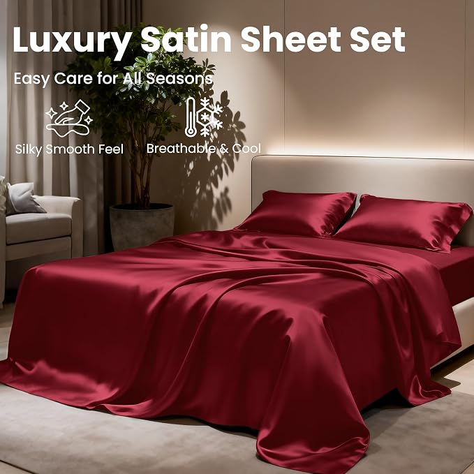 Love's cabin 4Piece California King Satin Bed Linen Set, Burgundy Silky Satin - Image 8