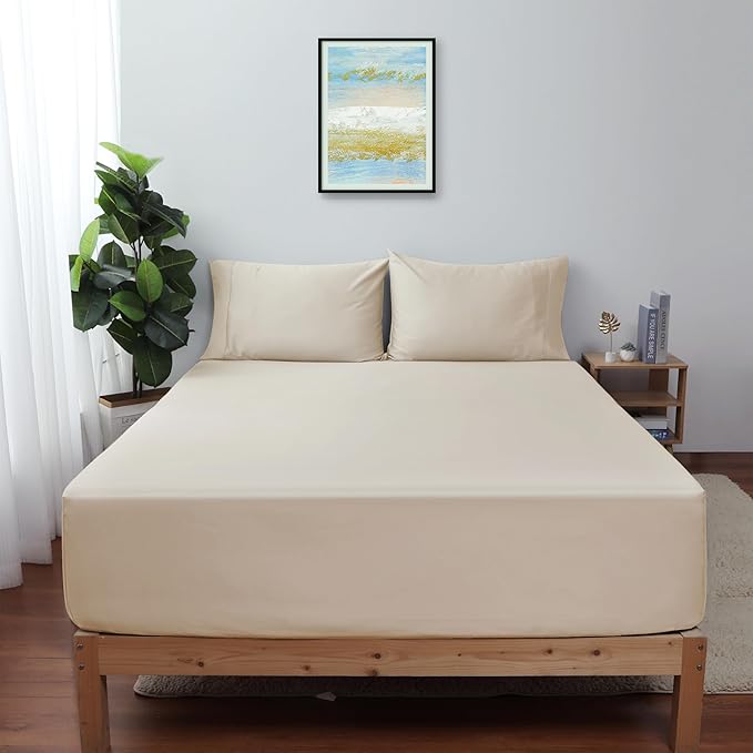 Queen Size Fitted Sheet Only Beige, 100% Egyptian Cotton 600 Thread Count by ShunjieHome