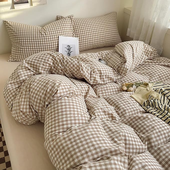 Nayoroom Brown Gingham Duvet Cover Twin Size Tan White Plaid Checkered Duvet - Image 5