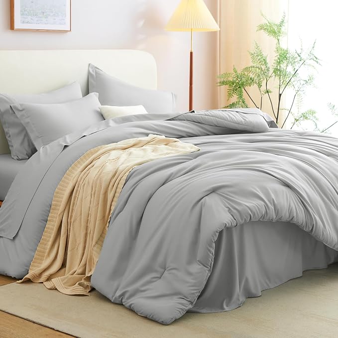 CozyLux King Size Comforter Set Light Grey, 7 Pieces Bed in a Bag King - Image 8